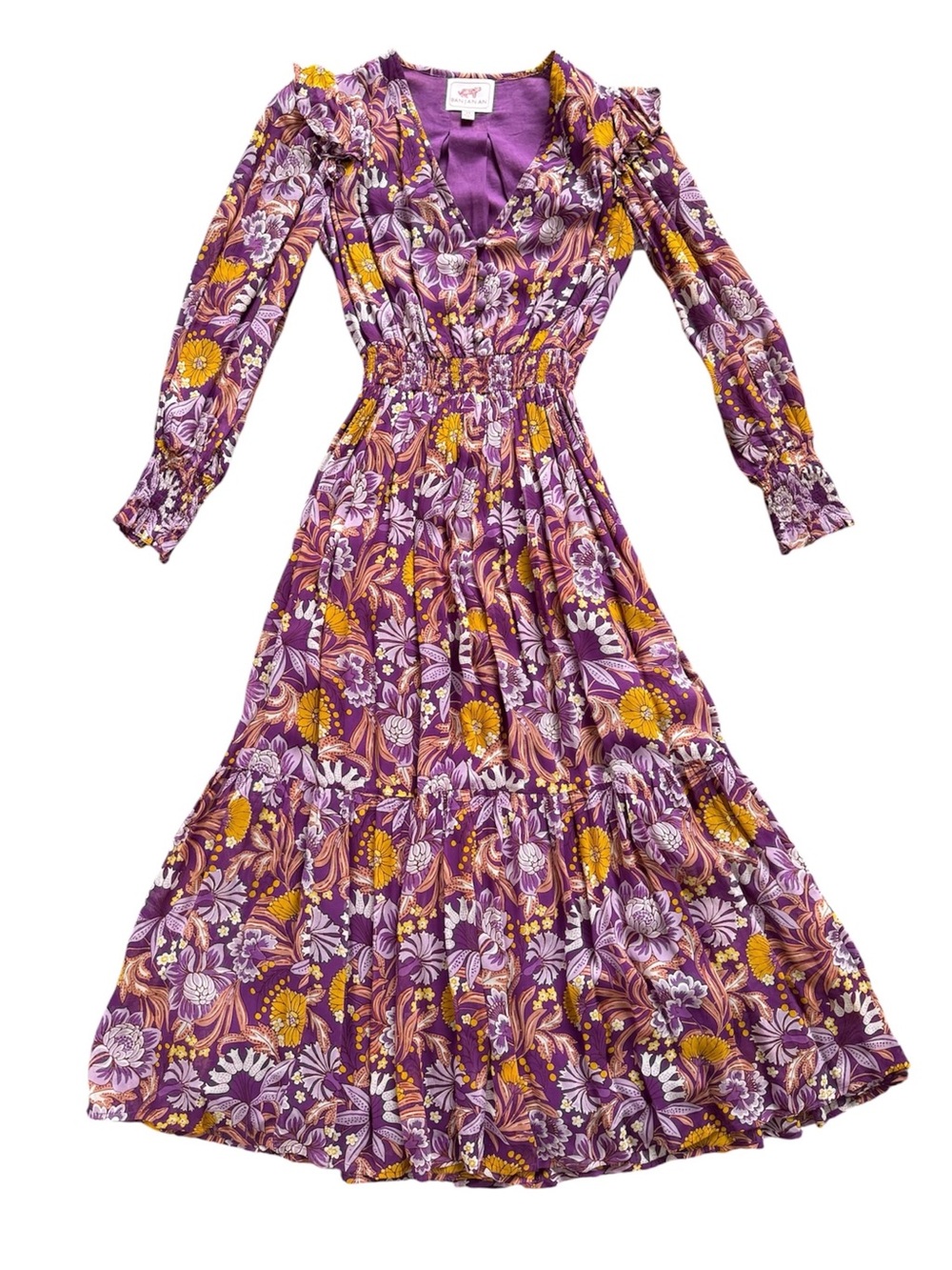 Banjanan Pearl Midi Dress XS Purple Floral Long Sleeve Boho NWOT